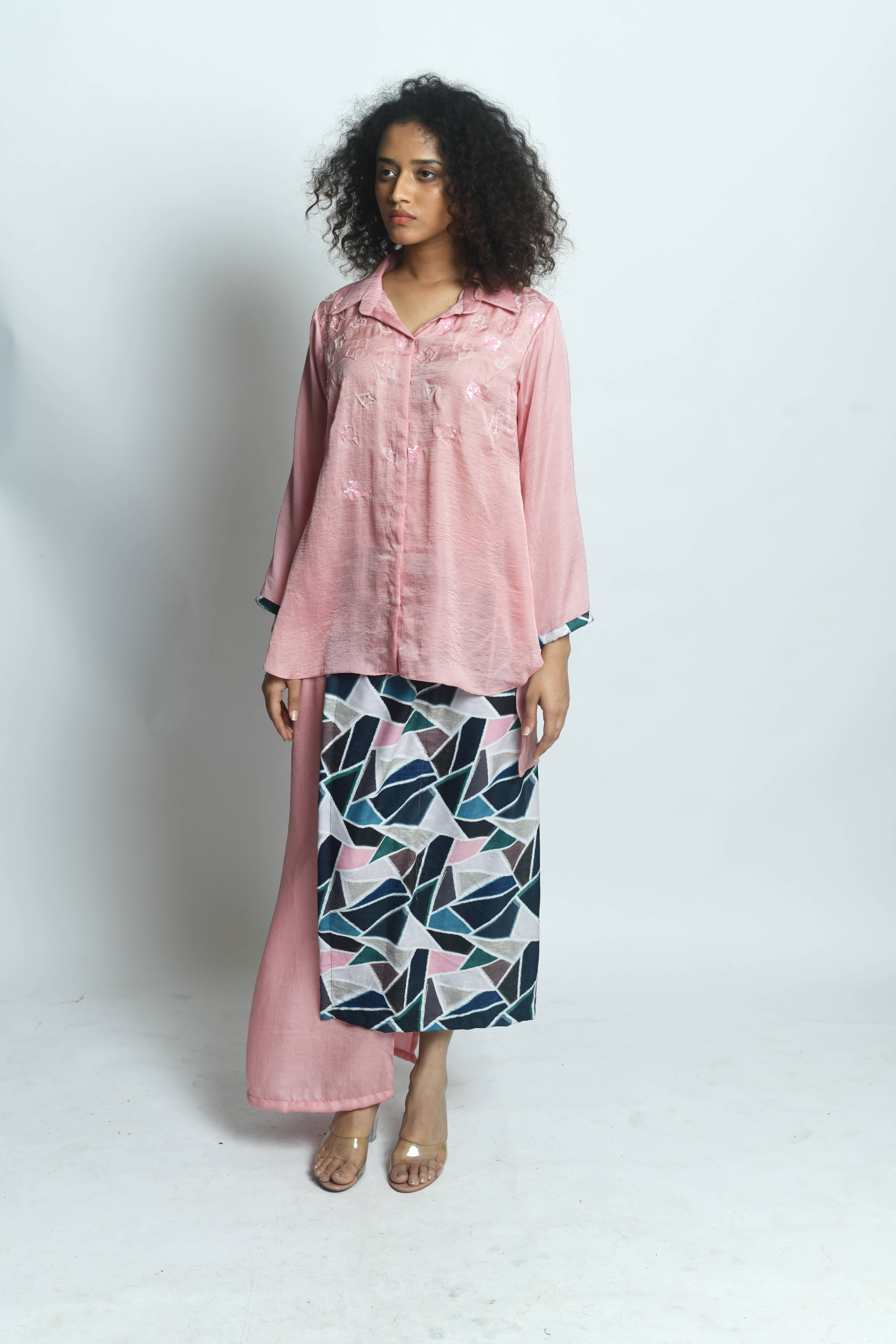Stylish High Low Shirt with Straight Geometric Printed Skirt -1483