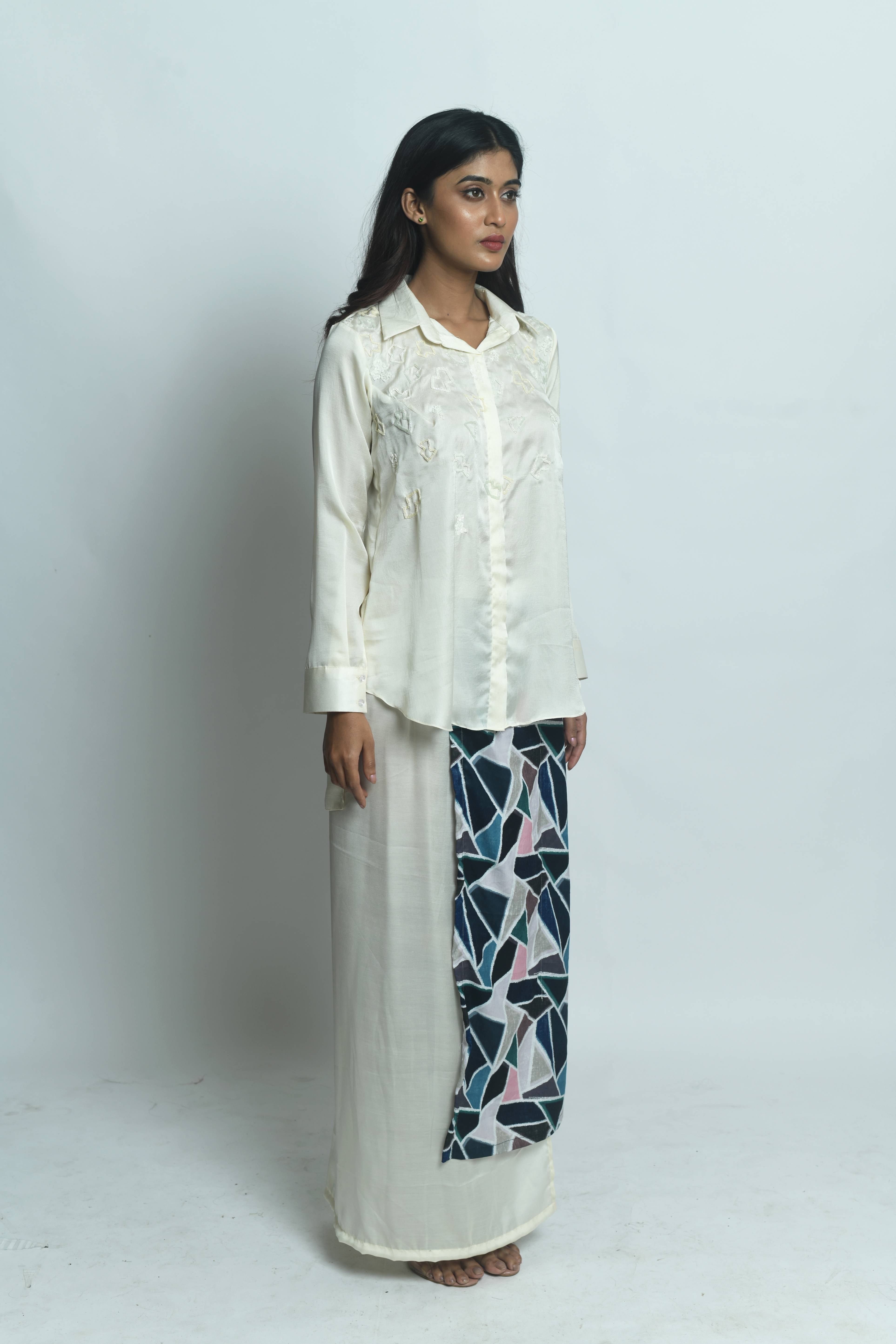 Stylish High Low Shirt with Straight Geometric Printed Skirt -1483