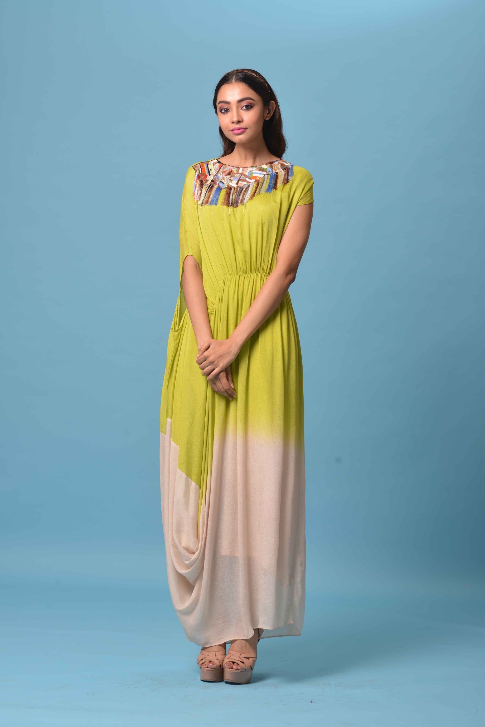 Double Dyed Drape Dress with Embellished Neck Line