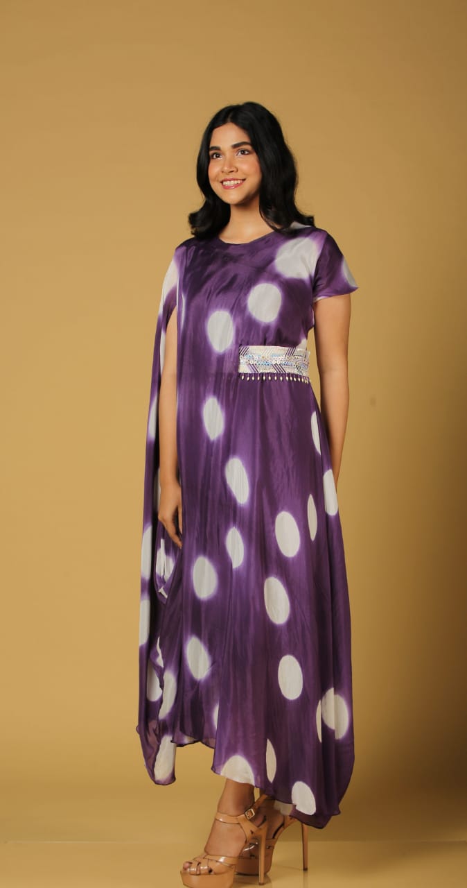 Tie and Dye Flared Dress with Ornamented Belt
