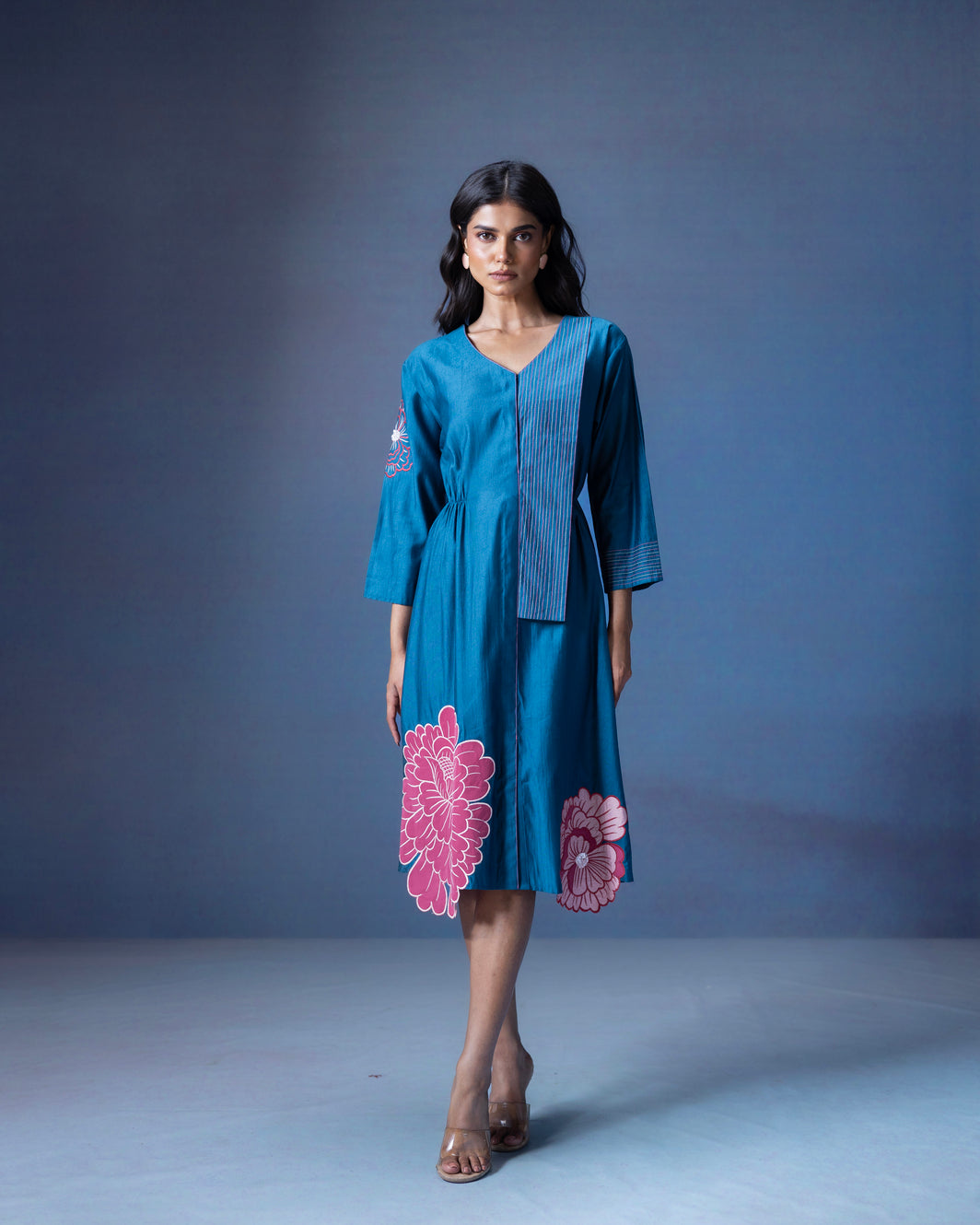 Cotton frock-style dress with applique work and styish flap - 1543