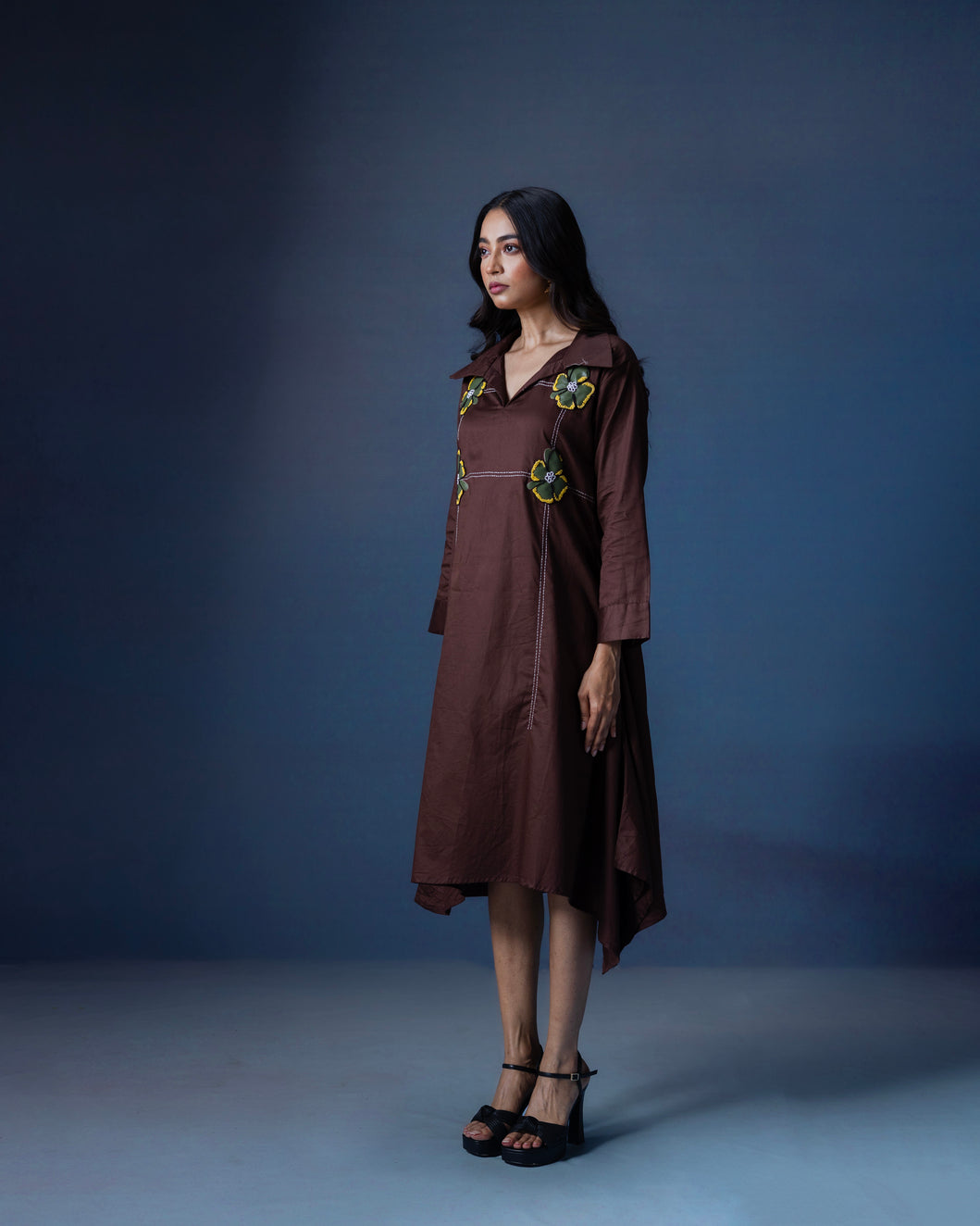 Collared a-line dress with flower leather work -  1553