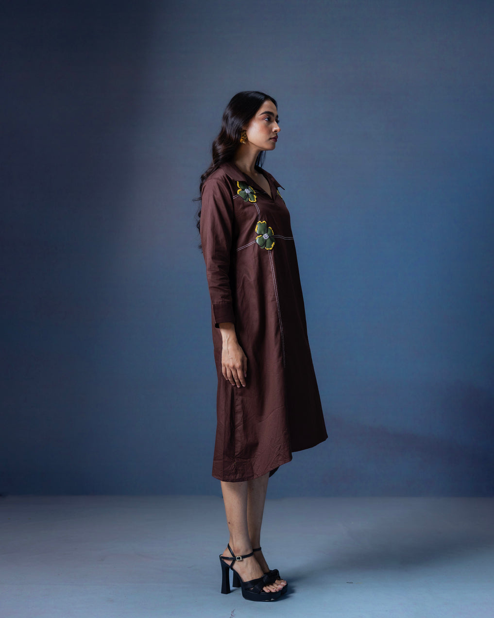 Collared a-line dress with flower leather work -  1553