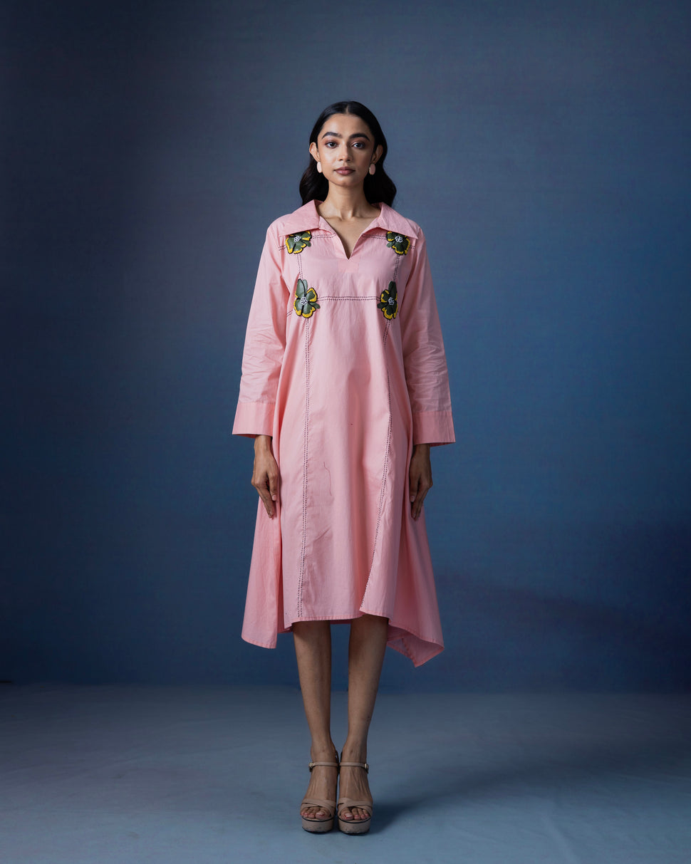 Collared a-line dress with flower leather work -  1553