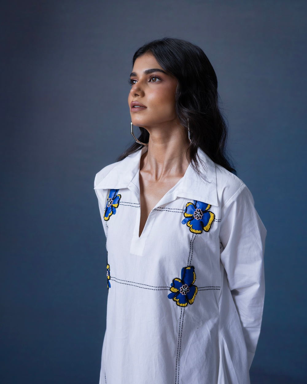 Collared a-line dress with flower leather work -  1553