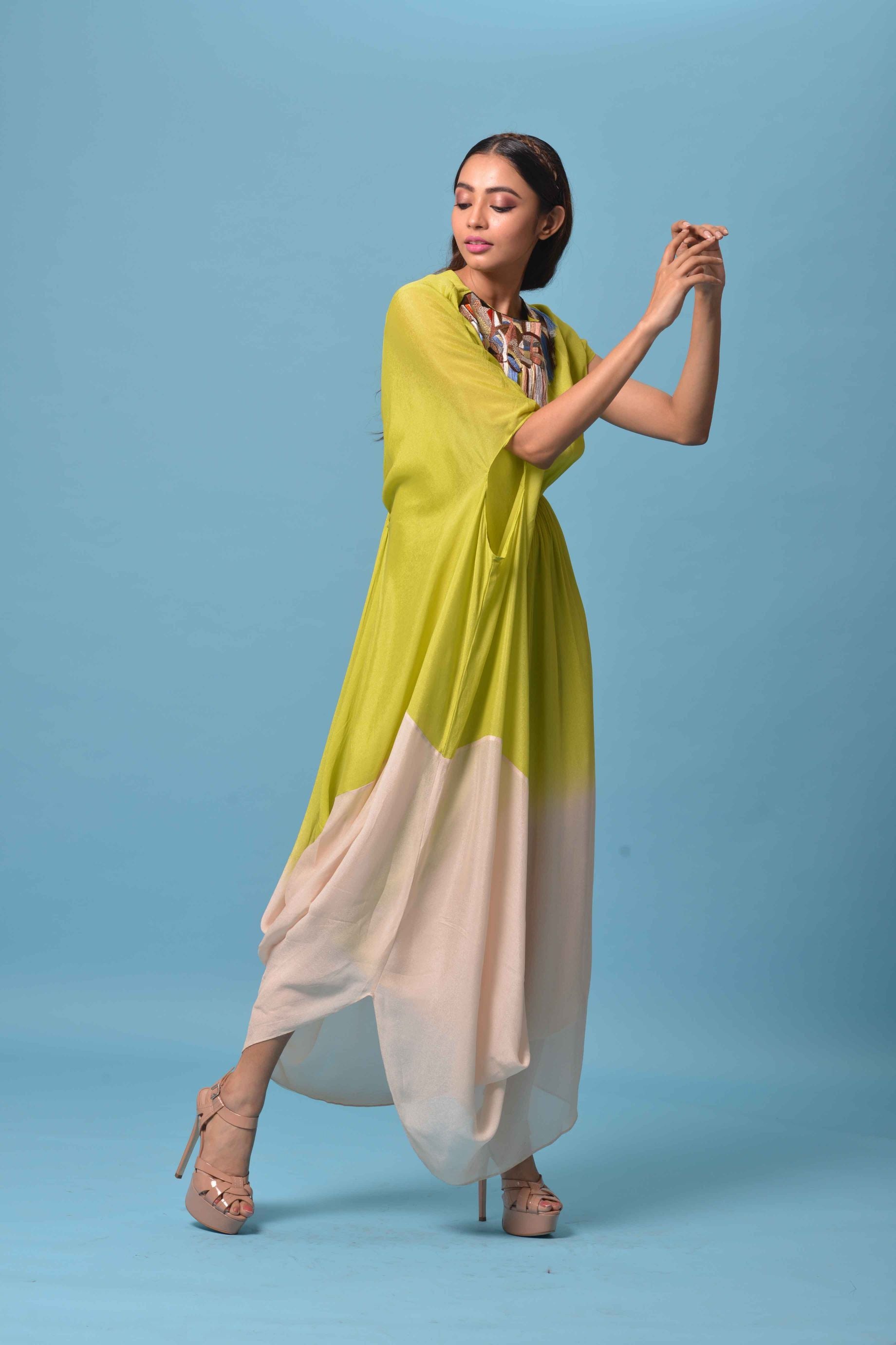 Double Dyed Drape Dress with Embellished Neck Line