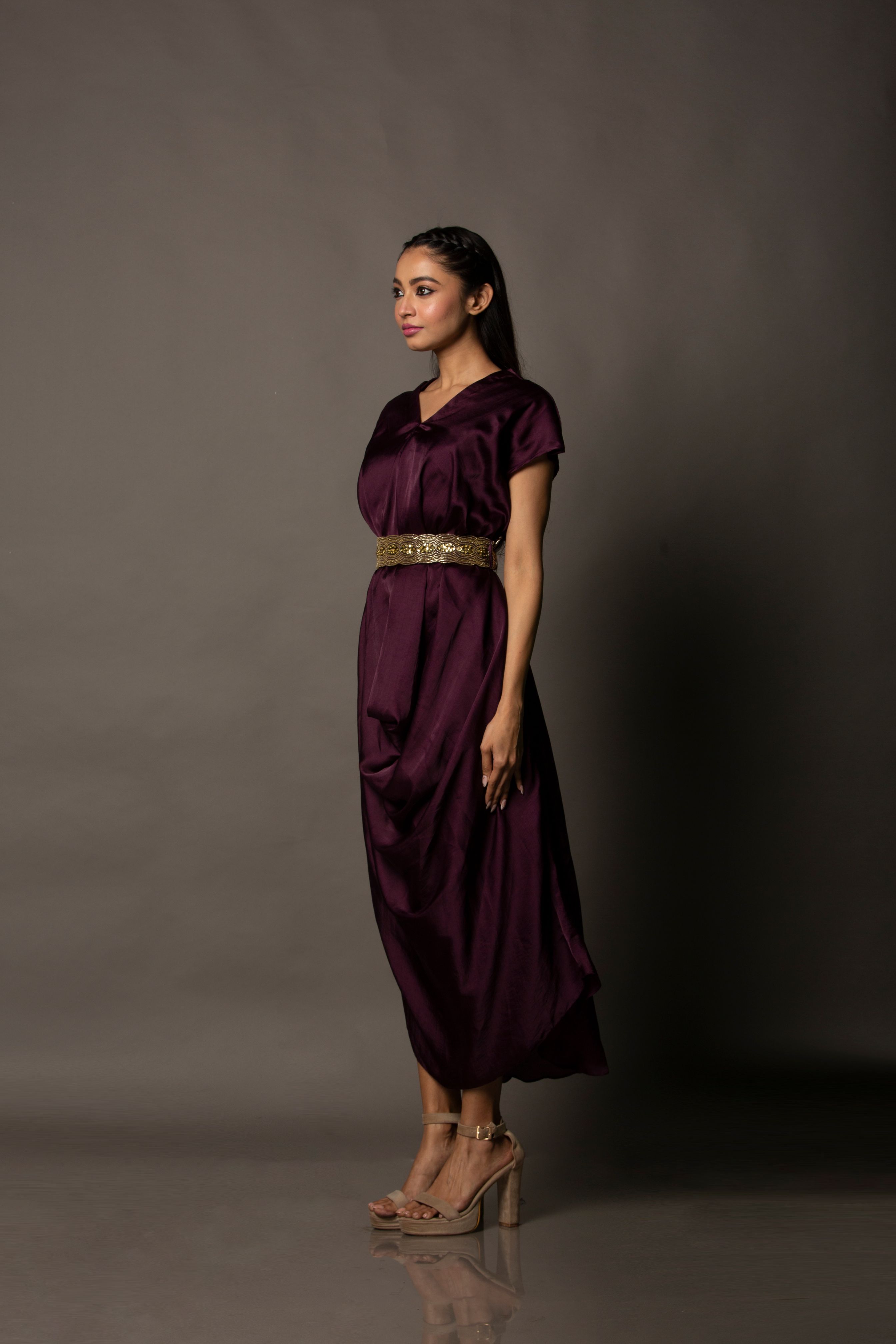 Cowl Drape Dress with Embellished Belt