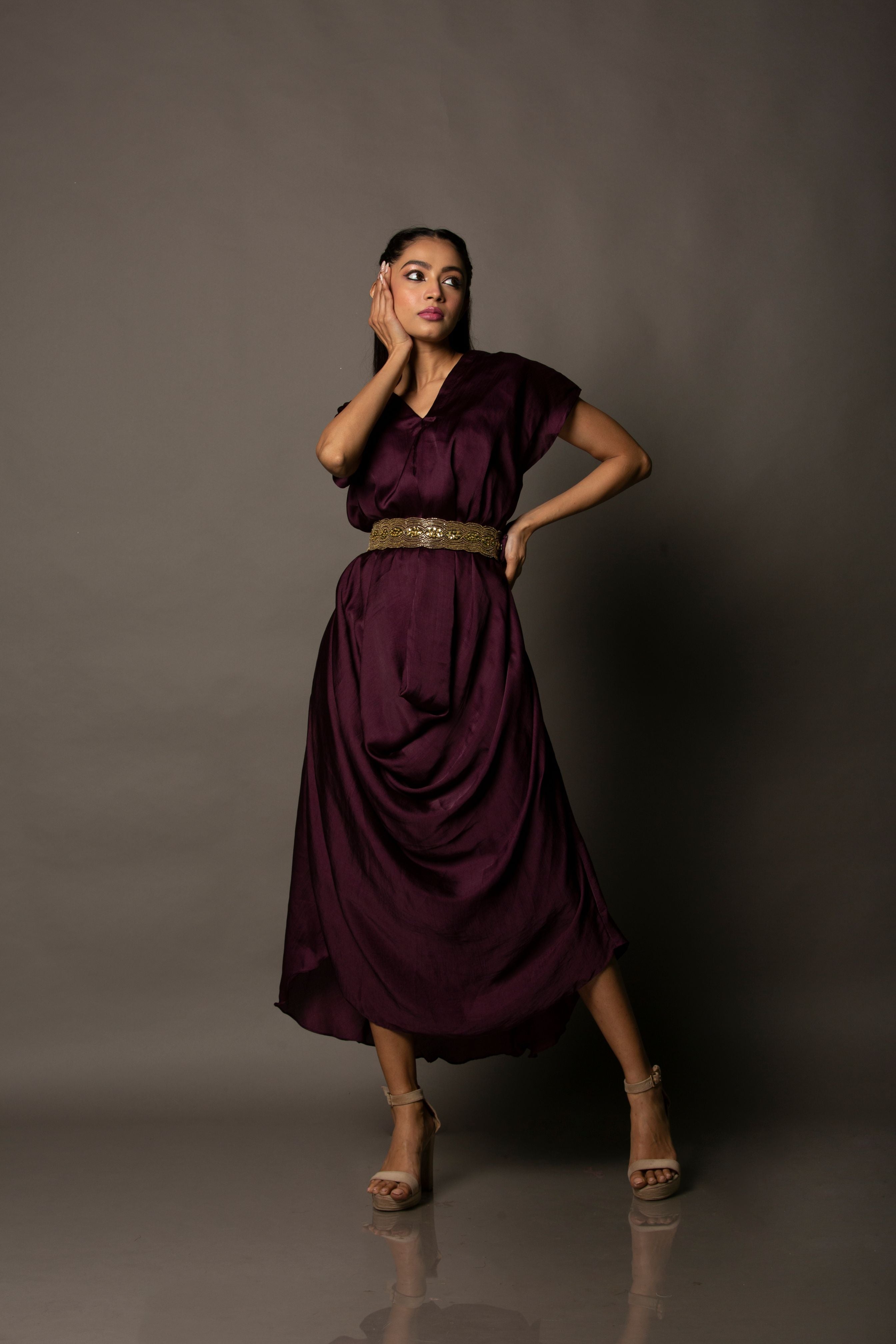 Cowl Drape Dress with Embellished Belt