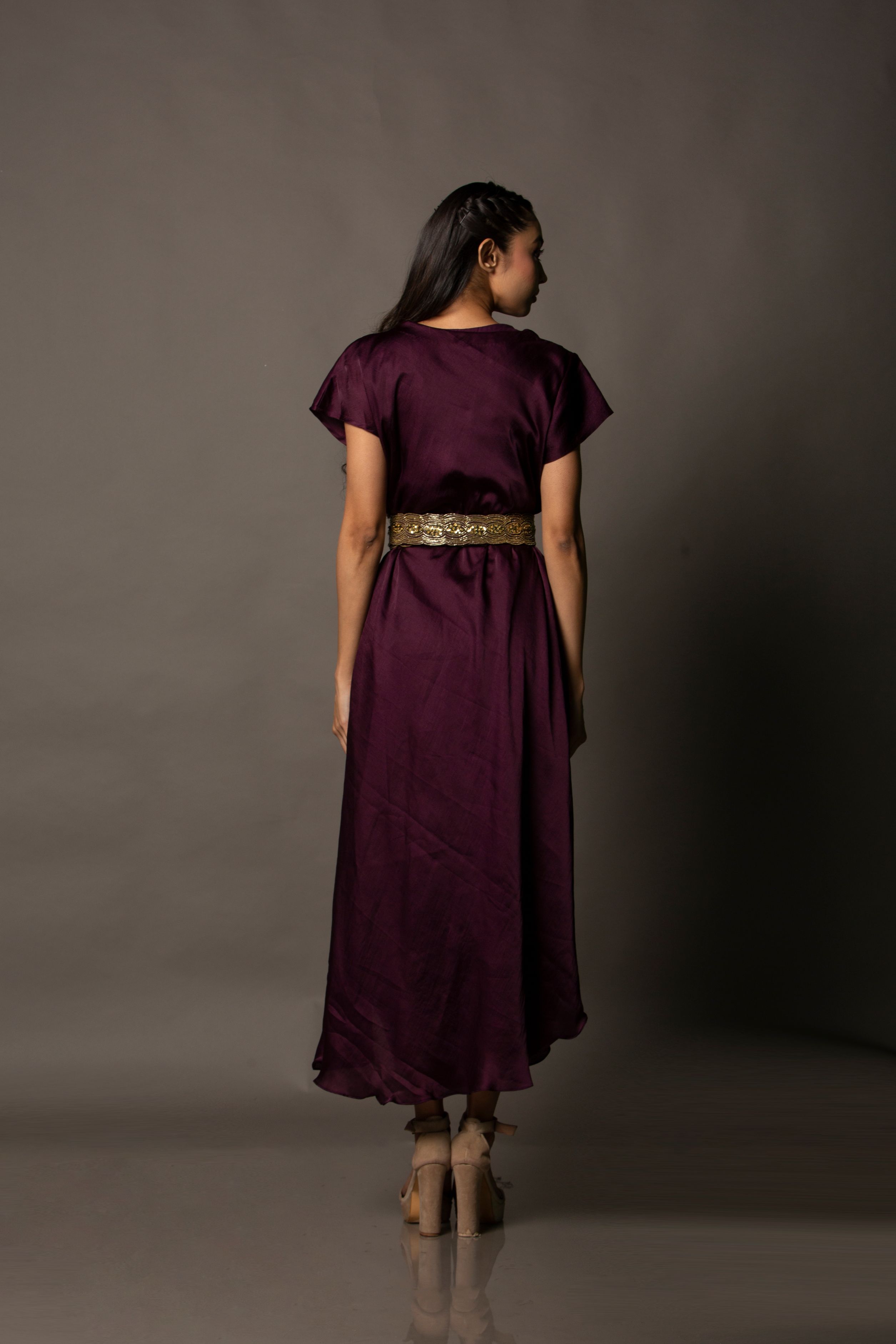 Cowl Drape Dress with Embellished Belt