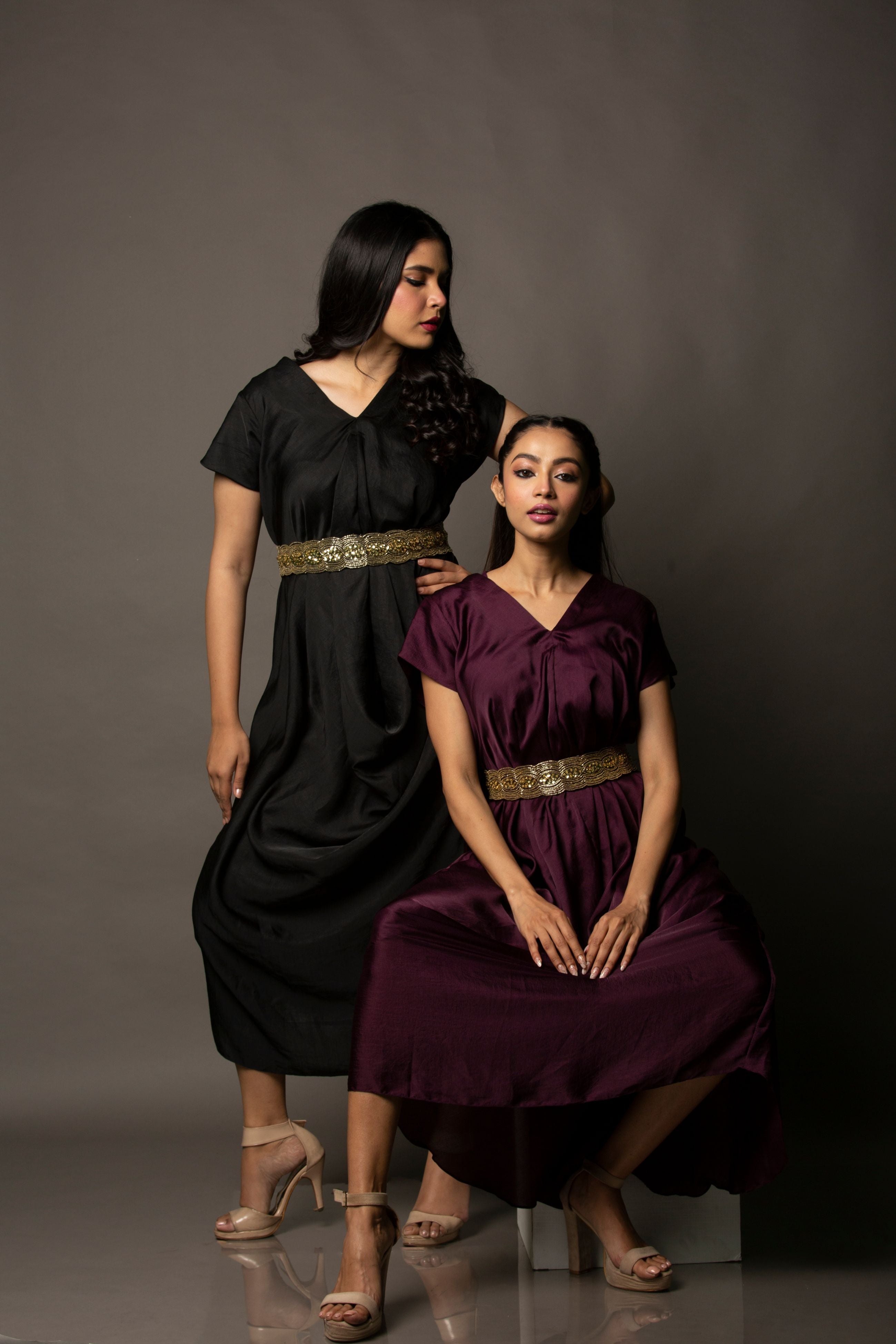Cowl Drape Dress with Embellished Belt