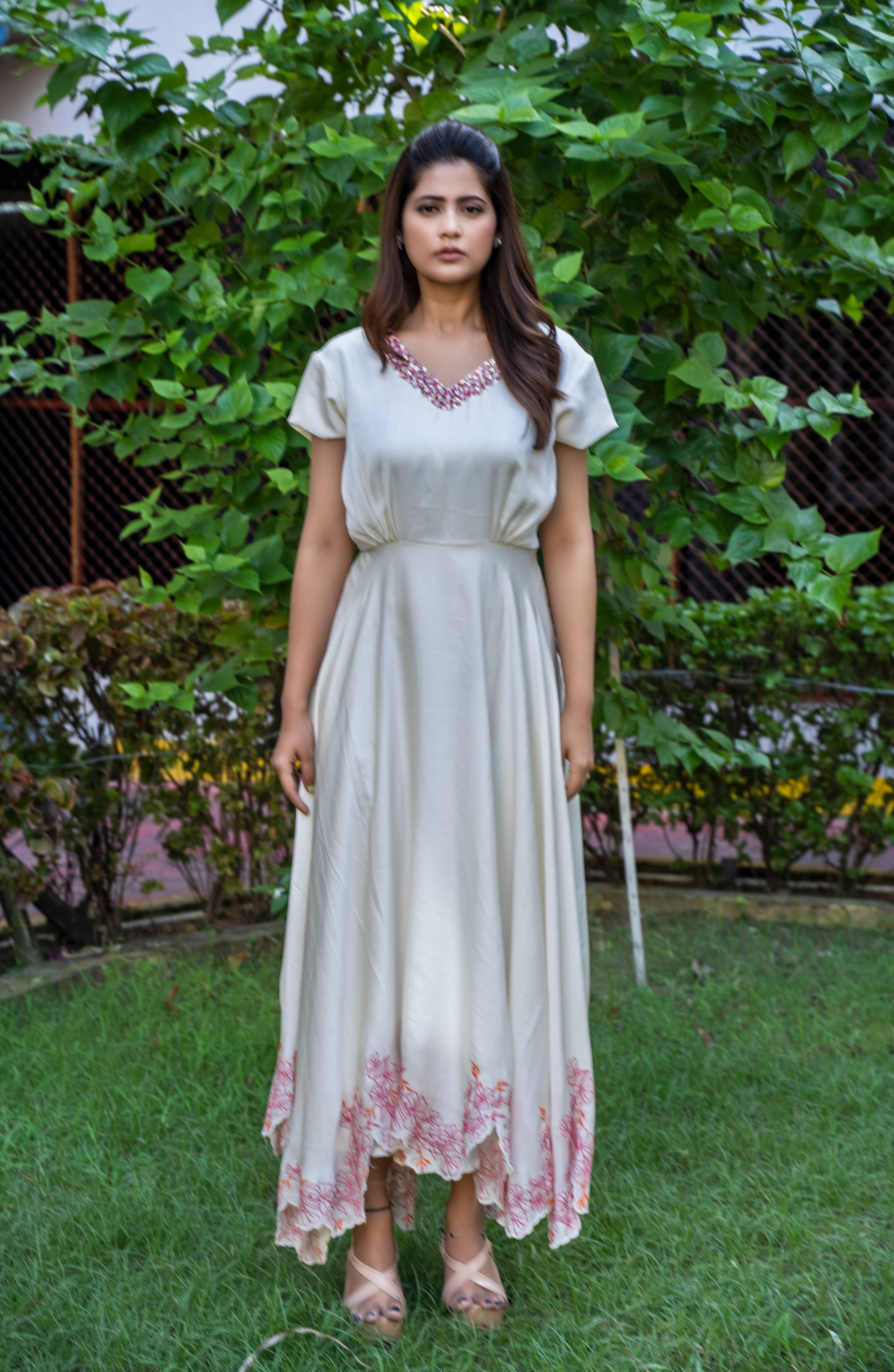 Flared Gown with Thread Work and Scalloped Border