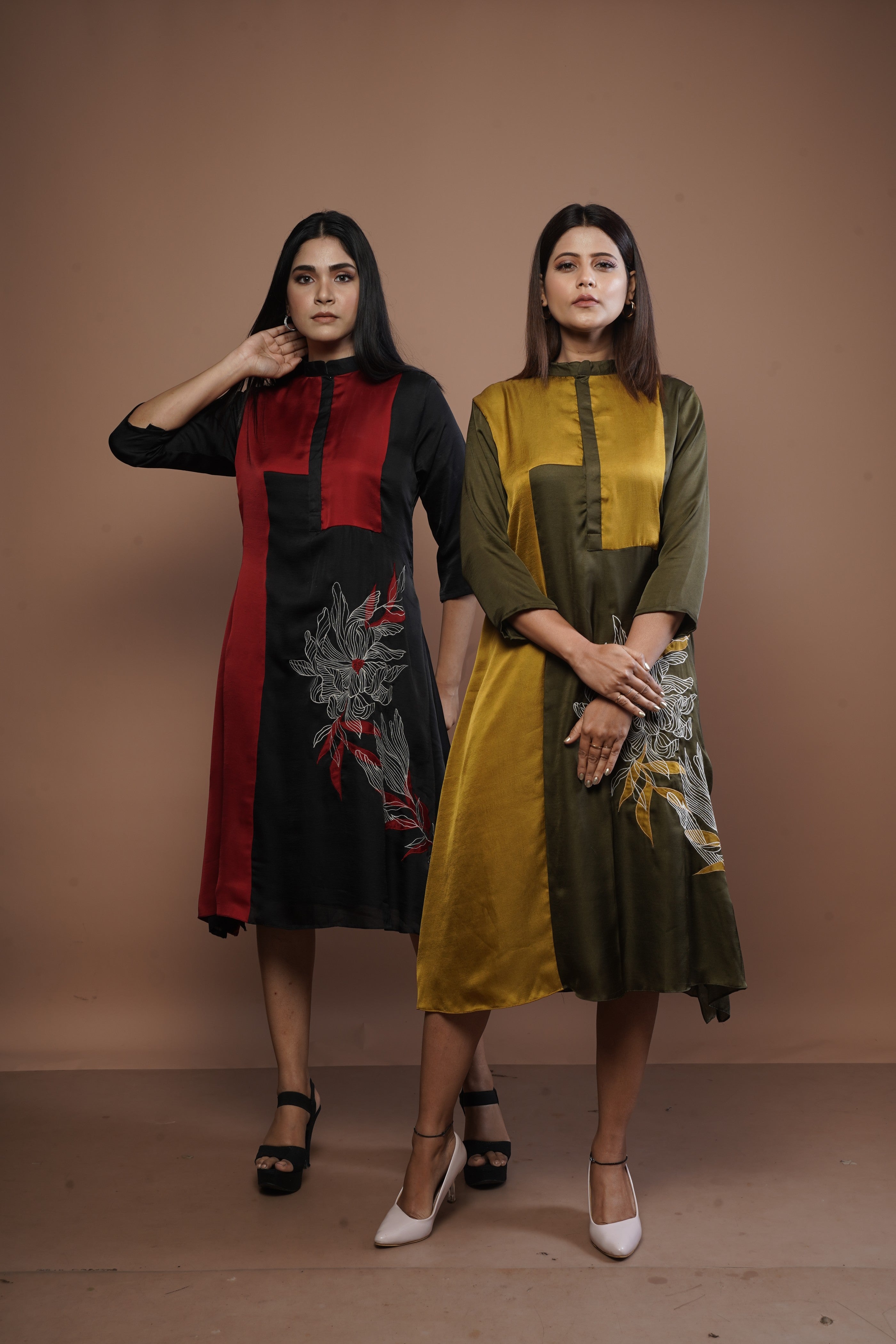 Color Block Embroidered Long Dress