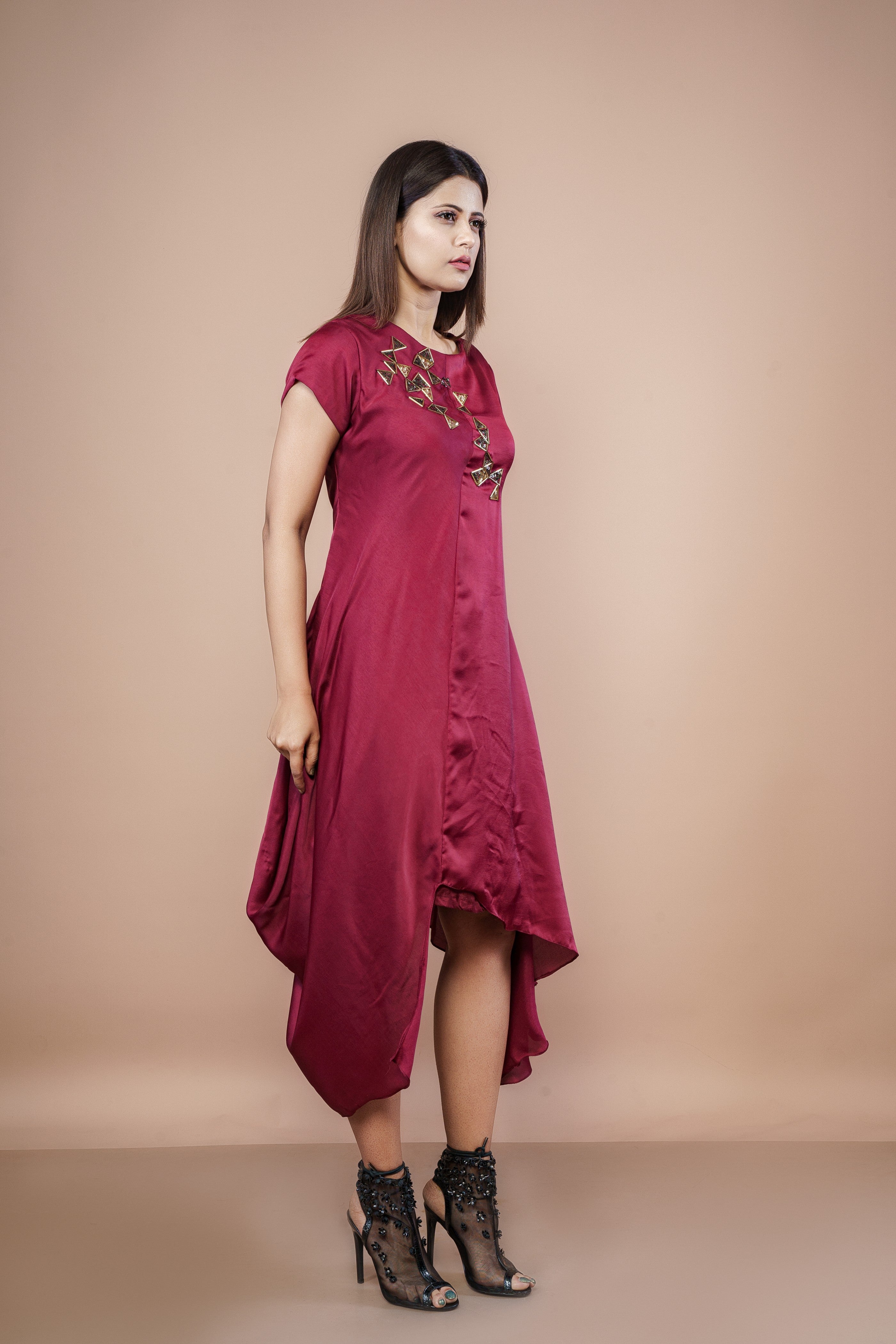 Embellished Asymmetric Drape Dress